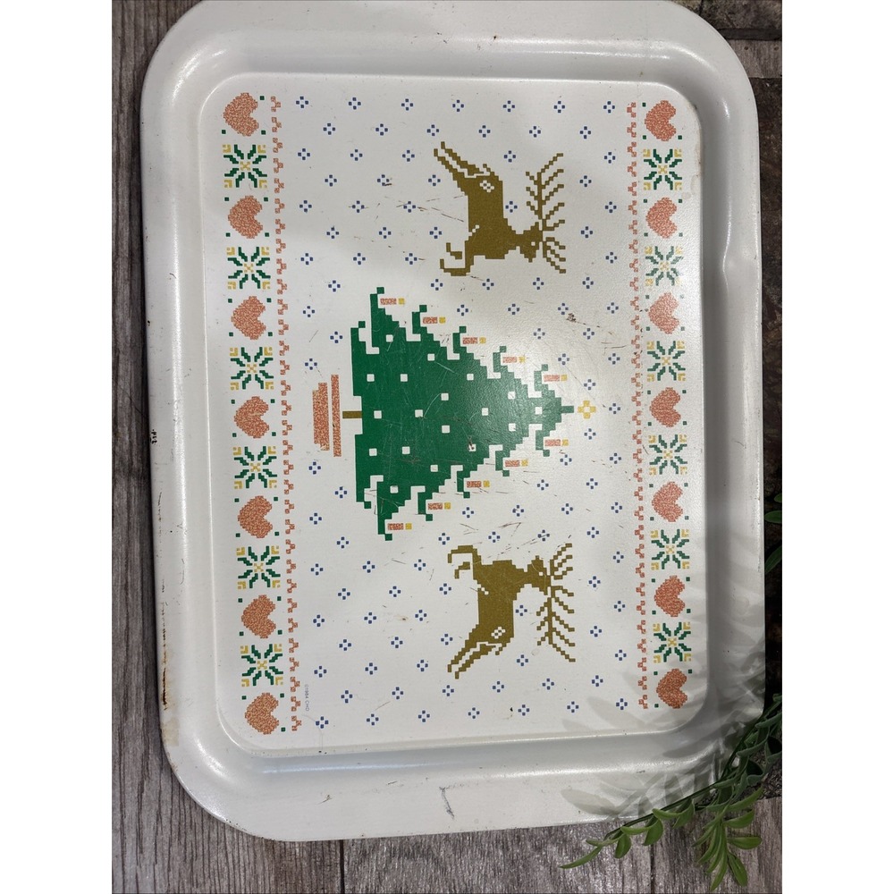 Vintage Retro Mid Century Christmas Tree and Reindeer Serving Tray Metal